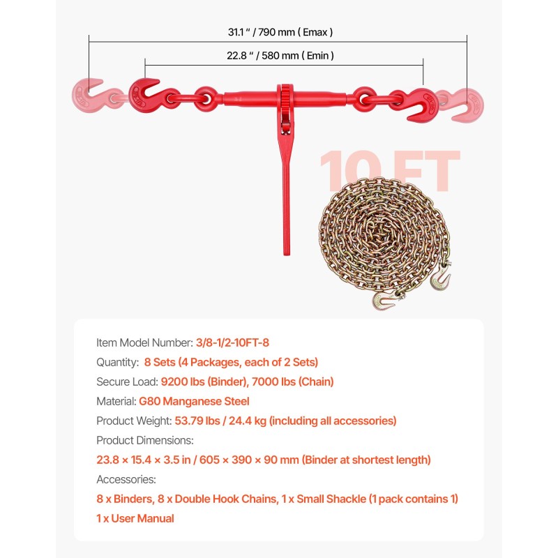 Räikkäketjunkiristin ja G80-mangaaniteräsketjut 10 mm 3 m 4173 kg 8 settiä