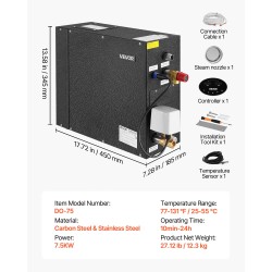 Höyrygeneraattori 7,5 kW musta ruostumaton teräs sisäsäiliö sopii 5–7,5 m³