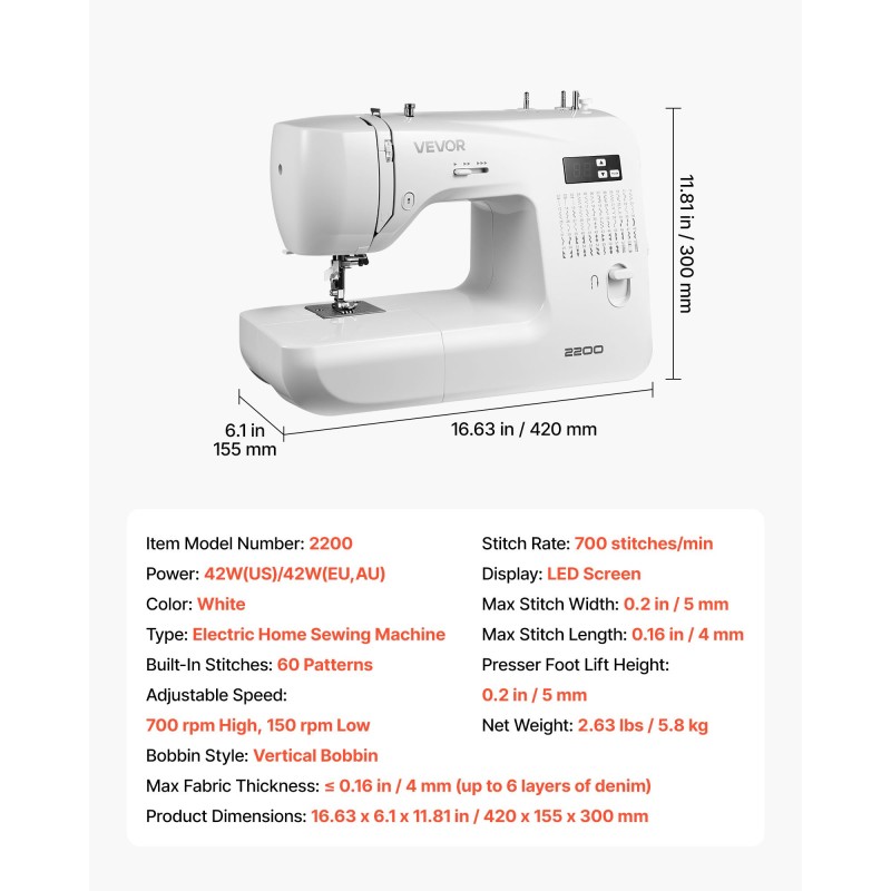 Tietokoneohjattu kotitalousompelukone 60 pistokuviota LED näyttö metallirunko tehokas moottori poljin