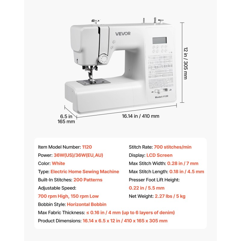 Tietokoneohjattu ompelukone metallirunkoinen 200 ommelkuviota LCD-näyttö LED-valo jalkapoljin tehokas moottori