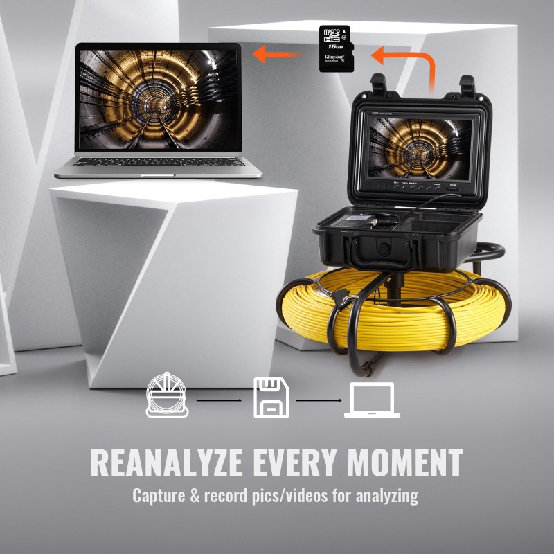 Putkistokamera 9 tuuman 720p näyttö 120 metrin kaapelilla IP68