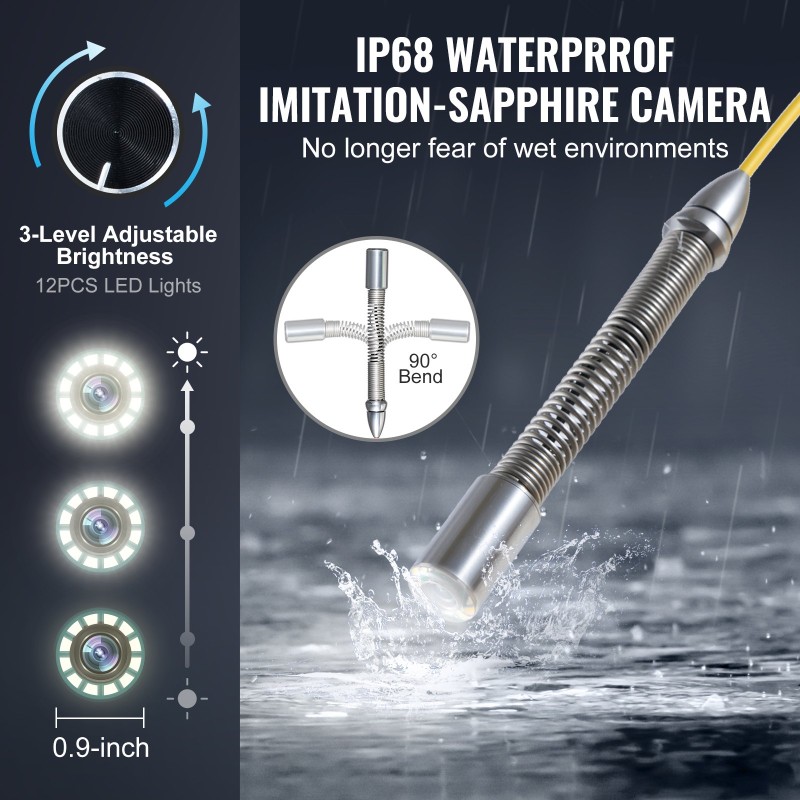 Viemärikamera 50-metrinen puolijäykkä kaapeli itseään tasaava 9-tuumainen 1080P näyttö 512Hz lähetin