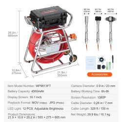 Viemärikamera itsetasoittuva 100 metrin kaapelilla 10,1 tuuman kosketusnäytöllä 512 hertsin lähetin etäisyyslaskurilla