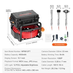 Viemärikamera 50 m kaapelilla itseään tasaava 10,1 tuuman kosketusnäytöllä IP67-suojattu 12 LED-valolla