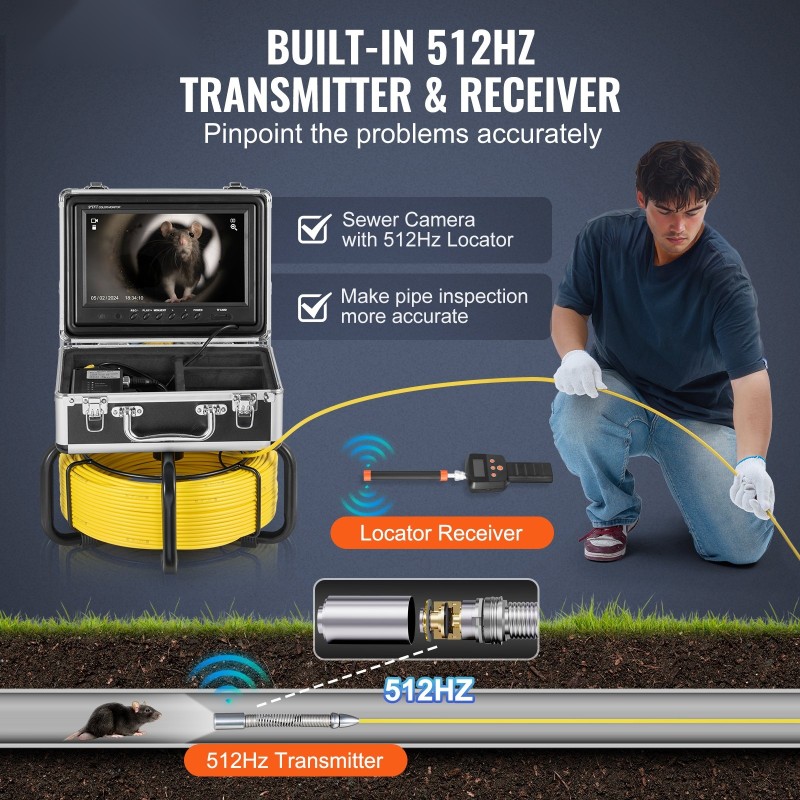 Viemärikamera kolmenkymmenen metrin kaapeli 512Hz paikannus itsestään horisonttiin asettuva yhdeksän tuuman näyttö