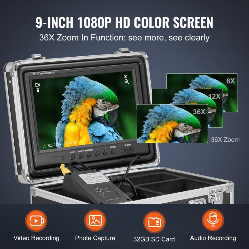 Viemärikamera kolmenkymmenen metrin kaapeli 512Hz paikannus itsestään horisonttiin asettuva yhdeksän tuuman näyttö