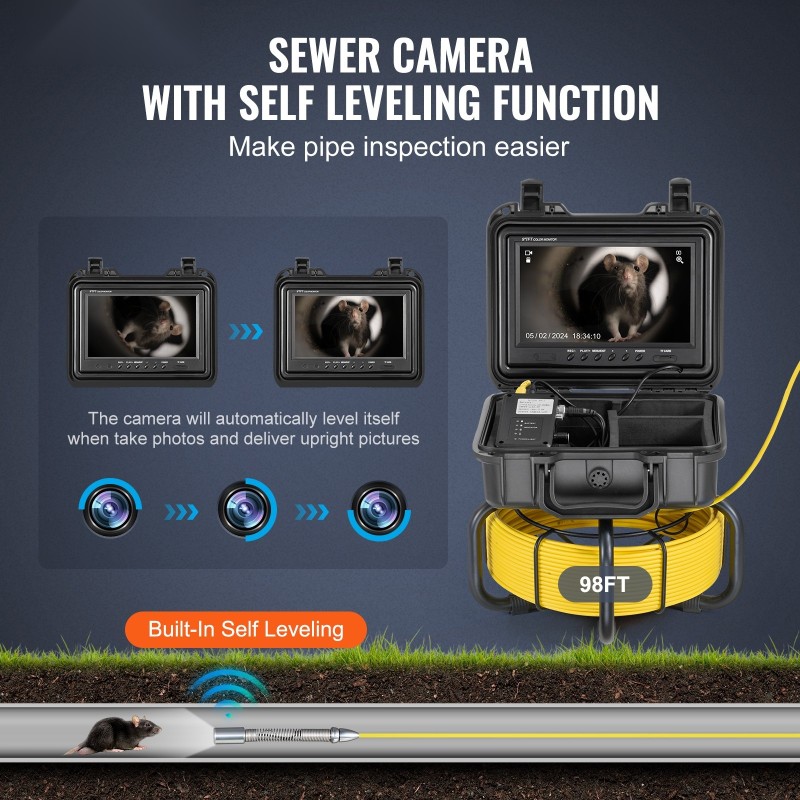 Viemärikamera 30 metrin 5 millimetrin kaapelilla itsetasaava 9-tuumainen 1080p näyttö