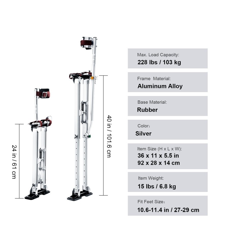Kipsilevyjalkineet alumiinirunko säädettävä korkeus 61–101,6 cm suojapehmusteiset polvatuet kuvioitu kumipohja
