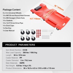 Mekaanikon muovinen makuualusta 914 mm 158,8 kg kantavuus 6 pyörää pehmustettu niskatuki