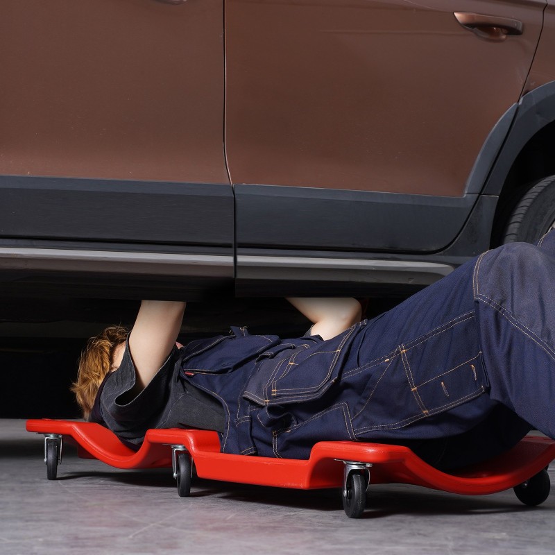 Mekaanikon muovinen makuualusta 914 mm 158,8 kg kantavuus 6 pyörää pehmustettu niskatuki