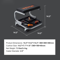 Mekaanikontuoli teräsrunko polyuretaanipehmustettu istuin 113 kg kantavuus työkalulokerolla pyörillä