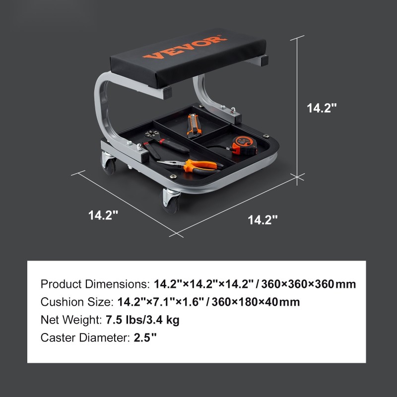 Mekaanikontuoli teräsrunko polyuretaanipehmustettu istuin 113 kg kantavuus työkalulokerolla pyörillä