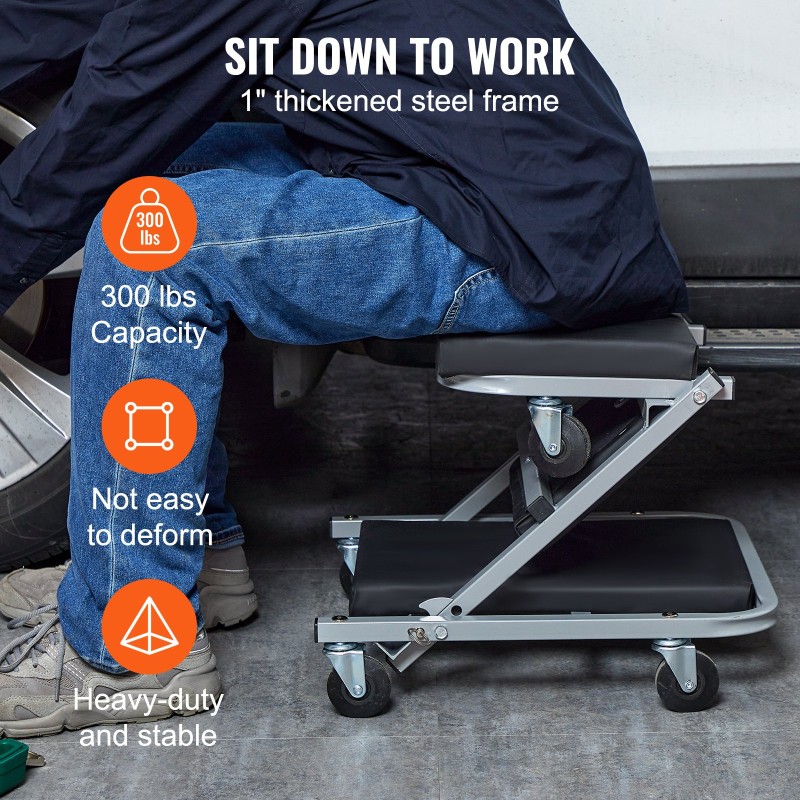 Taittuva mekaanikon makuualusta ja jakkara teräsrunko 6 kääntyvää pyörää 136 kilogramman kantavuus