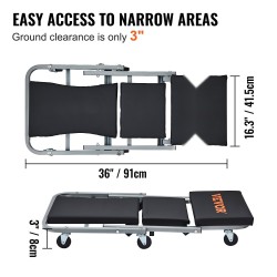 Taittuva mekaanikon makuualusta ja jakkara teräsrunko 6 kääntyvää pyörää 136 kilogramman kantavuus