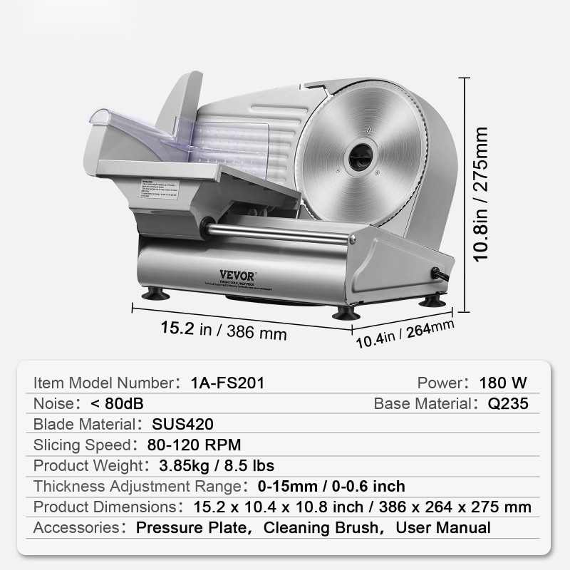 Sähköinen viipalointikone 180-wattinen 19,1 cm ruostumaton terä 0–15 mm säädettävä kotikäyttöön