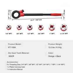 Käsikäyttöinen räikkäputkikierretyökalu 6 kierreterää 1/4–1-1/4 NPT-kierteille 9SICR-terillä säilytyslaatikolla
