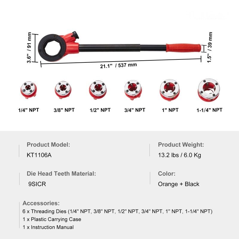Käsikäyttöinen räikkäputkikierretyökalu 6 kierreterää 1/4–1-1/4 NPT-kierteille 9SICR-terillä säilytyslaatikolla