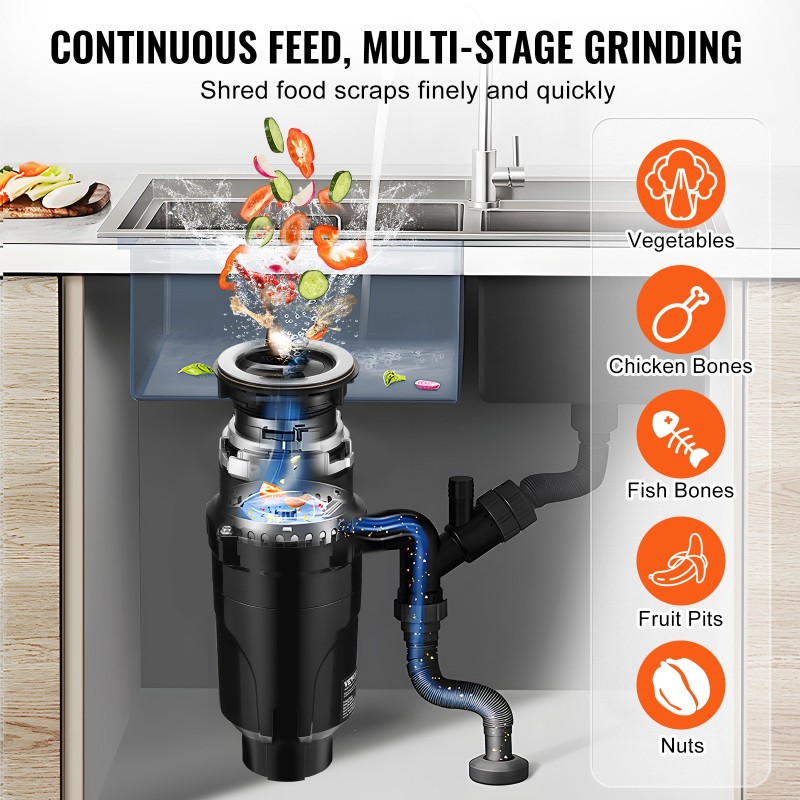 Keittiön jätehuuhtelulaite 0,5 hv tasavirtamoottori jatkuva syöttö muovinen runko