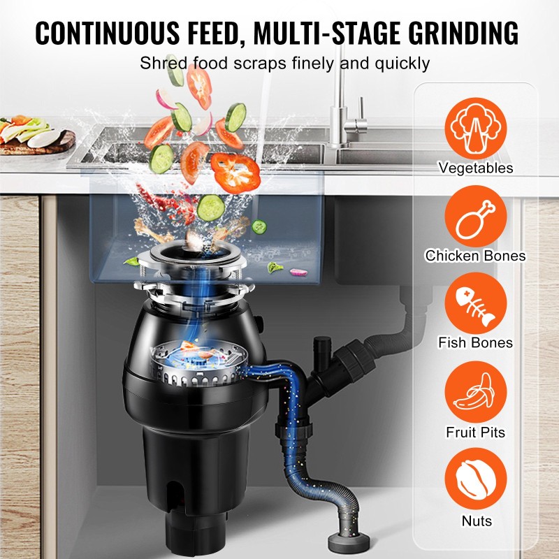 Ruokajätehävittäjä 0,5 hevosvoimaa tasavirtamoottorilla 3820 kierrosta minuutissa jatkuvatoiminen 3-pulttinen kiinnitys