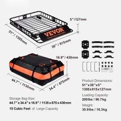 Kattotavarankori teräs 1305×915×127 mm 90,7 kg vedenpitävällä 15 kuutiojalkaa laukulla
