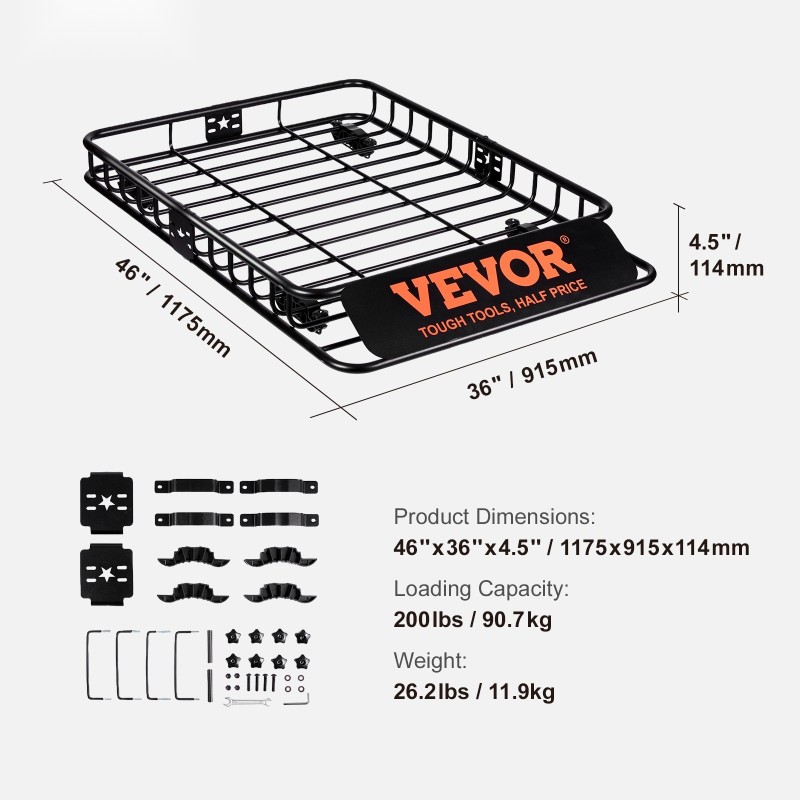 Kattotavarankori teräs 117,5×91,5×11,4 cm 90,7 kilogrammaa kantava yhteensopiva maastoautoihin
