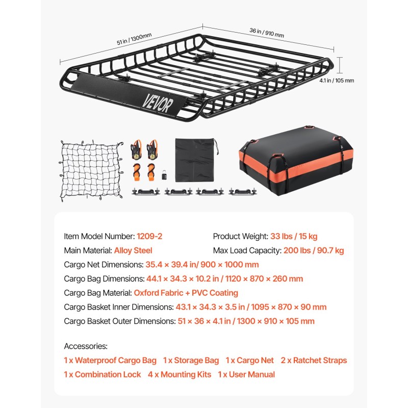 Seosteräksinen kattokori 1300×910×105mm tavaralaukulla kuormaverkolla 90,7 kg kantavuus
