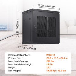 Verkkopalvelinkaappi 12U seinälle asennettava syvyys 39,4 senttimetriä musta lukittavat etu ja sivupaneelit