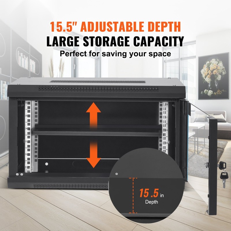 6U seinäkiinnitteinen verkkopalvelinkaappi 39,4 cm syvä 19-tuumainen lukittava lasiovi musta