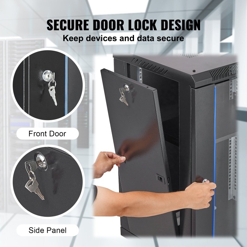 Verkkokaappi 15U hiiliteräs asennussyvyys 457 mm karkaistu lasiovi kaksoislukitus lattia tai seinäasennus