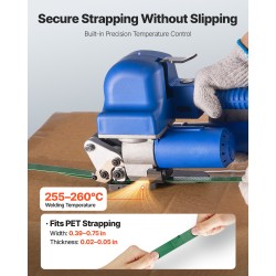 Akkukäyttöinen sähkökiristyssidekone 10–19 mm leveille PET-vanteille kaksi 4000 mAh akkua digitaalinen näyttö