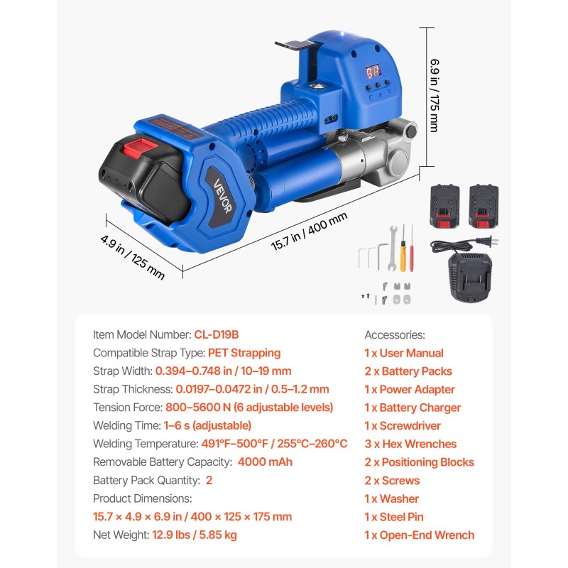 Akkukäyttöinen sähkökiristyssidekone 10–19 mm leveille PET-vanteille kaksi 4000 mAh akkua digitaalinen näyttö