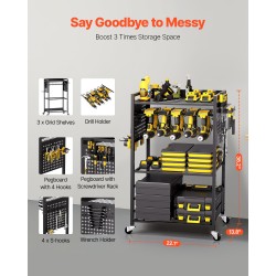 4-tasoinen metallinen työkalukärry 68 kg kantavuus pyörillä porateline reikälevy musta