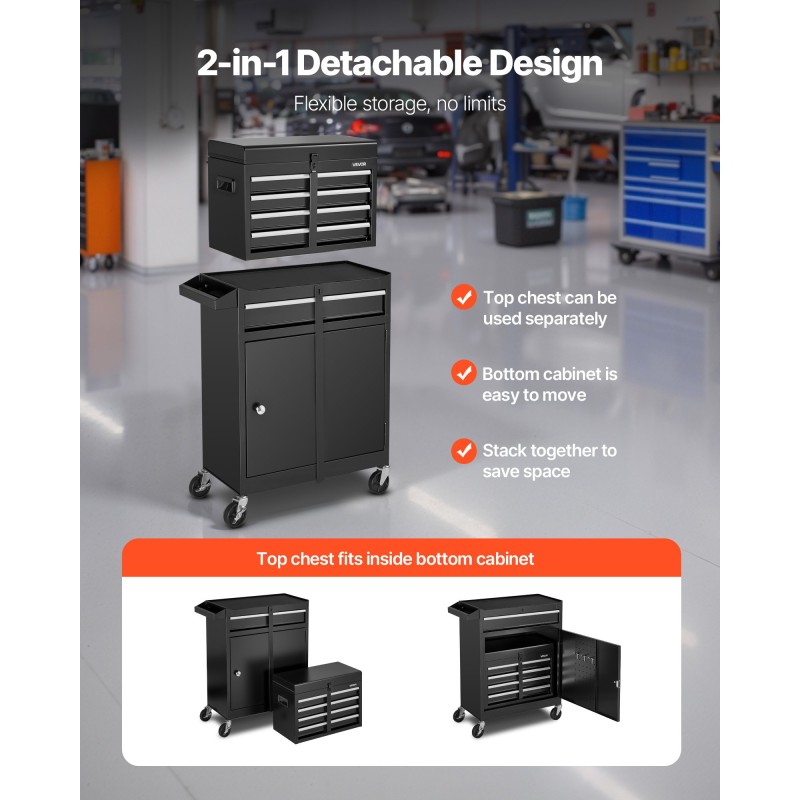 Rullattava teräksinen työkalukaappi irrotettavalla yläosalla viisi laatikkoa pyörillä