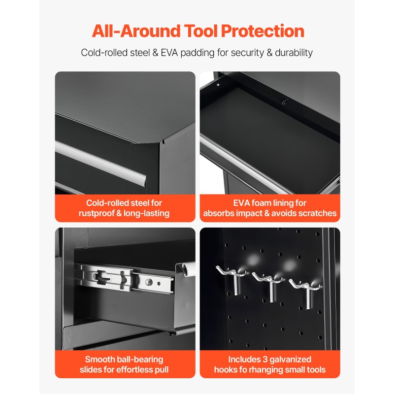 Rullattava teräksinen työkalukaappi irrotettavalla yläosalla viisi laatikkoa pyörillä