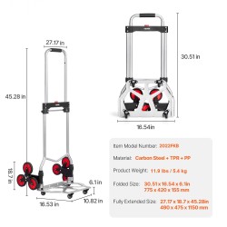 Portaikkovaunu hiiliteräsrunko 118 kg kantavuus 6 kiipeävää ja 4 kääntyvää pyörää teleskooppikahvalla