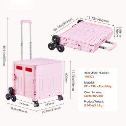 Taittuva portaikkokärry 65 litraa portaikkopyörillä ja kääntyvillä pyörillä pinkki teleskooppikahvalla