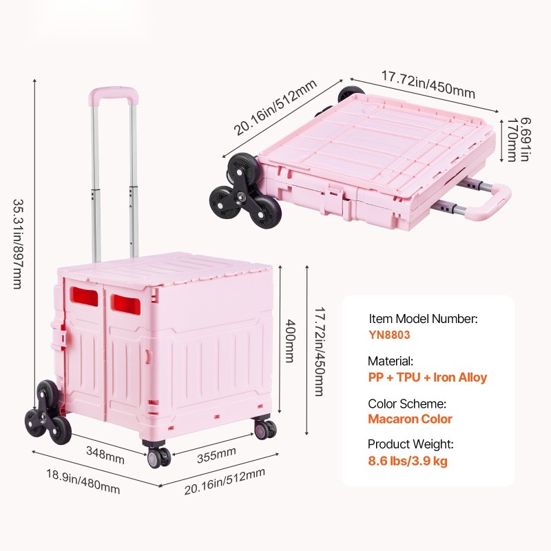 Taittuva portaikkokärry 65 litraa portaikkopyörillä ja kääntyvillä pyörillä pinkki teleskooppikahvalla