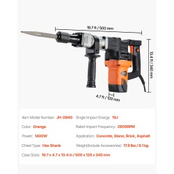 Sähköinen piikkausvasara 1400W 19J 2900 iskua minuutissa betonille ja kivelle