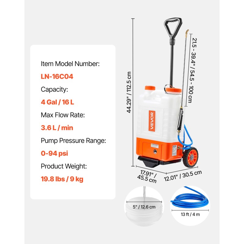 Akkukäyttöinen reppuruisku 15 l muovisäiliöllä säädettävä 0–94 PSI puutarhan ruiskutukseen