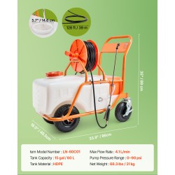 Pyörällinen 60 l polyeteeninen puutarharuisku säädettävä paine 8 suutinta 2 putkea