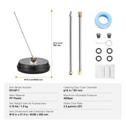 Pintapesuri painepesuriin 38,1 cm PP-muovi 4000 psi 1,6 cm pikaliitäntä 2 jatkovartta