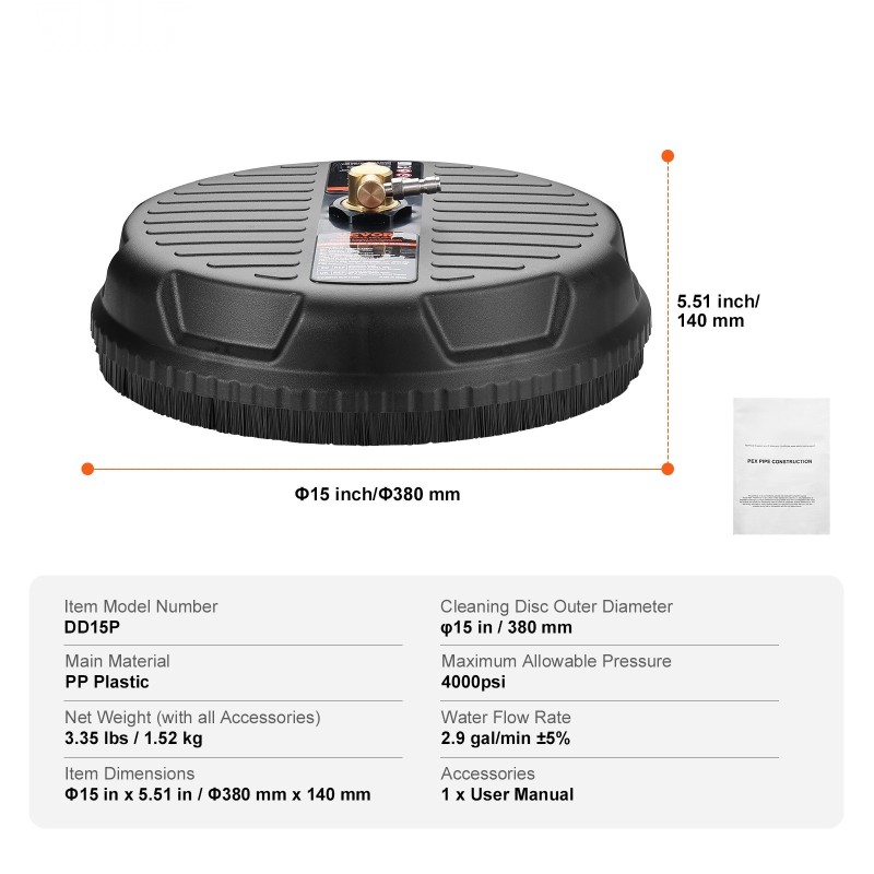 Pintapesuri 15 tuumaa PP-muovi maksimi 4000 psi 1/4 tuuman pikaliitin