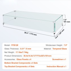 Tuulensuoja suorakaiteen tulipöydälle karkaistu lasi 8 mm 773x367x191 mm