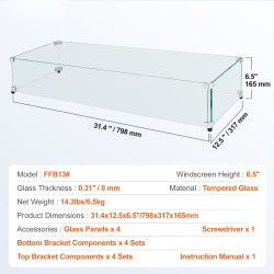 Lasinen tuulisuoja karkaistusta kahdeksan millimetriä lasista suorakaiteen tulipöydälle alumiinikulmat kumijalat