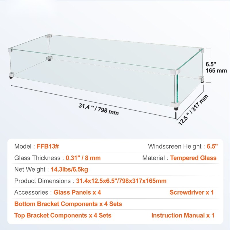 Lasinen tuulisuoja karkaistusta kahdeksan millimetriä lasista suorakaiteen tulipöydälle alumiinikulmat kumijalat