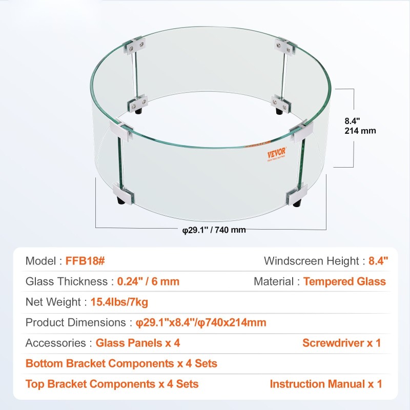 Tulisijan tuulensuoja karkaistusta lasista 6 mm alumiinikehyksellä Ø740×214 mm