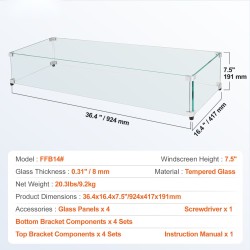 Tuulensuoja tulipöydälle 8 mm karkaistu lasi 924x417x191 mm alumiiniset kulmapalat