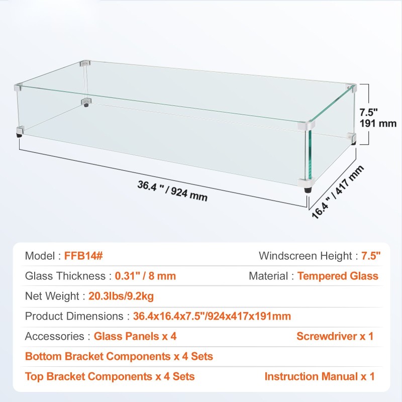 Tuulensuoja tulipöydälle 8 mm karkaistu lasi 924x417x191 mm alumiiniset kulmapalat