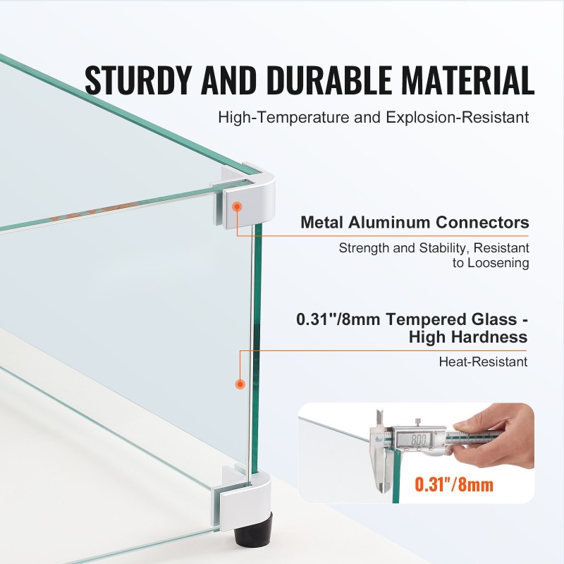 Lasinen tuulensuoja tulipöydälle 8 mm karkaistu lasipaneeli alumiinikulmilla kumijaloilla