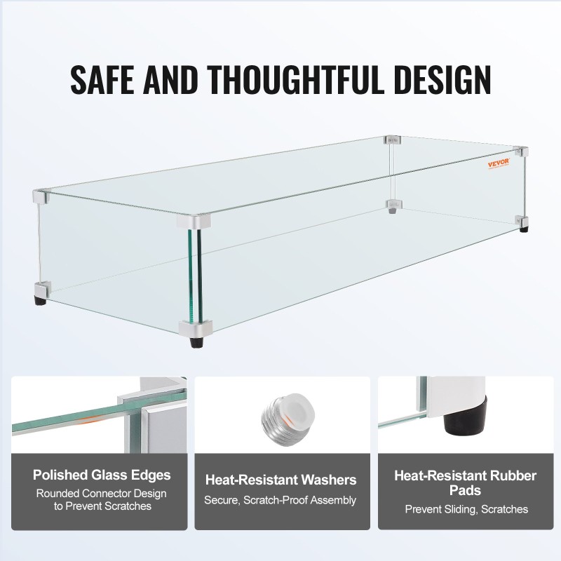 Lasinen tuulensuoja tulipöydälle 8 mm karkaistu lasipaneeli alumiinikulmilla kumijaloilla